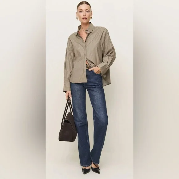 Reformation Andy Oversized Shirt in taupe stripe - Picture 3 of 8